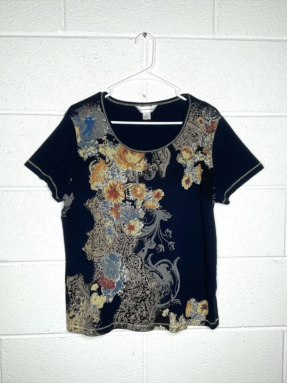 < Y2K Christopher & Banks Navy Blue Floral Paisley Pattern Top > - Picture 1 of 6
